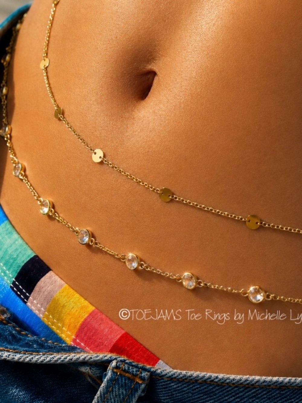 2 BELLY WAIST CHAINS Sparkly Clear Crystals Chain & Gold Tone Embellished